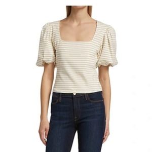 NINA STRIPED KNIT PUFF-SLEEVE TOP IN OFF WHITE MULTI-size M